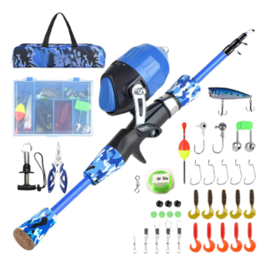 Set Caña De Pesca Infantil 1.20mts + Reel + Accesorios Azul